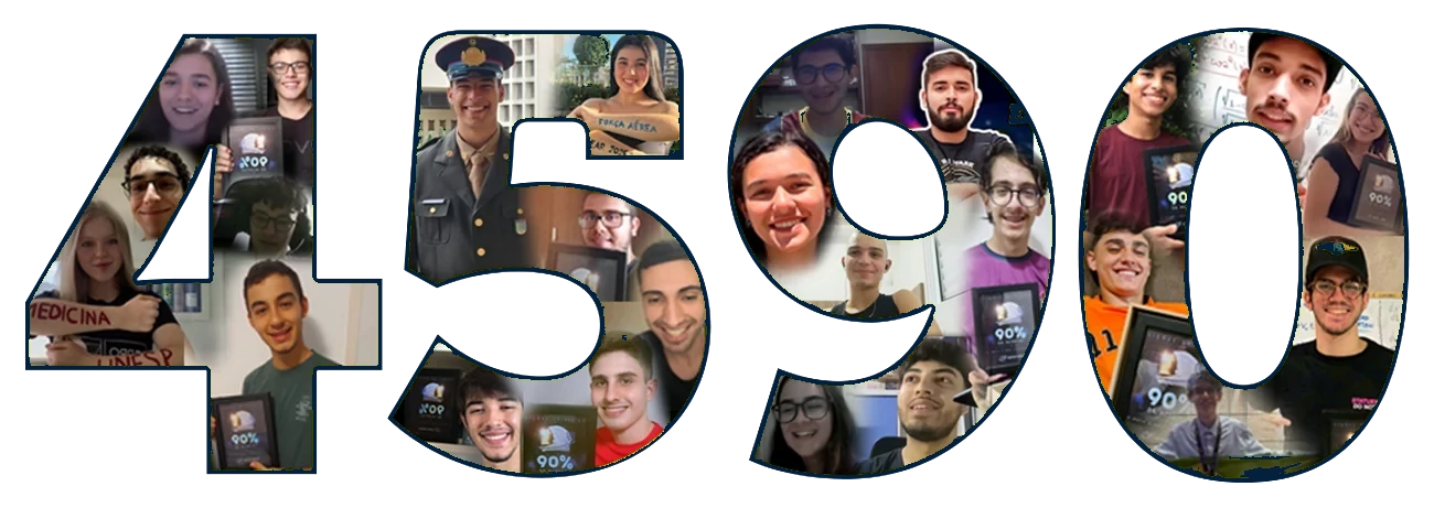 Colagem de fotos de alunos formando o número 4590, de avaliações 5 estrelas
