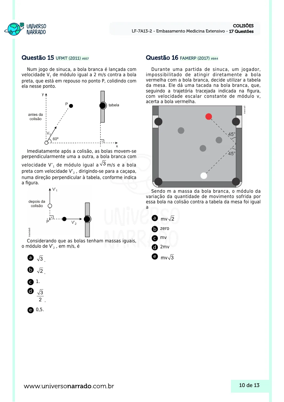 Página 10 da lista de Lições de Física, Colisões (LF-7A13-2)