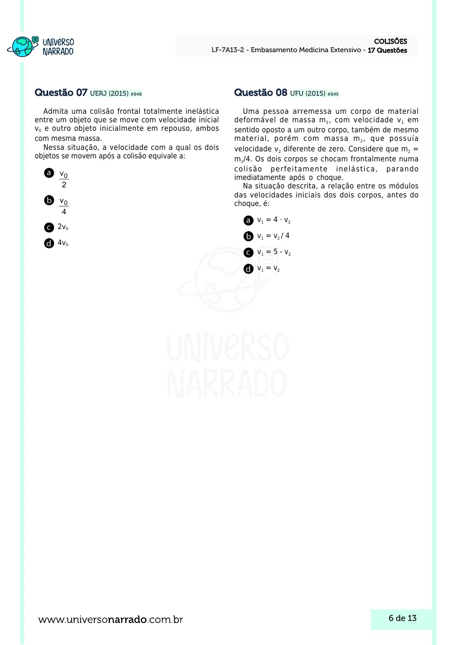 Página 6 da lista de Lições de Física, Colisões (LF-7A13-2)