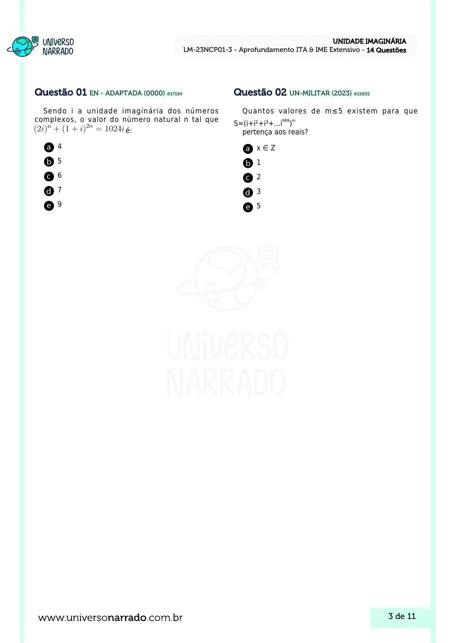 Página 3 da lista de Lições de Matemática, Unidade Imaginária (LM-23NCP01-3)