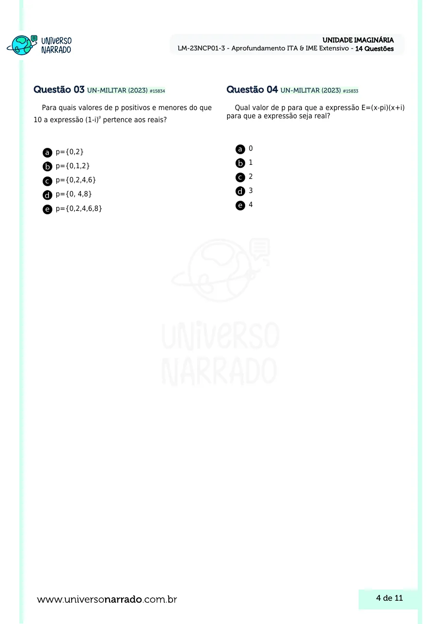 Página 4 da lista de Lições de Matemática, Unidade Imaginária (LM-23NCP01-3)