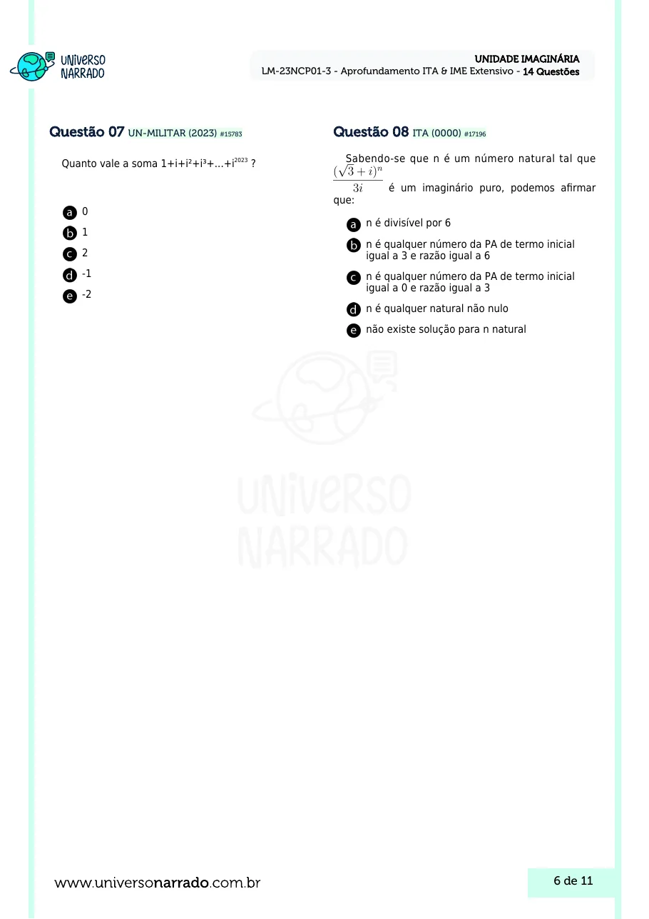 Página 6 da lista de Lições de Matemática, Unidade Imaginária (LM-23NCP01-3)