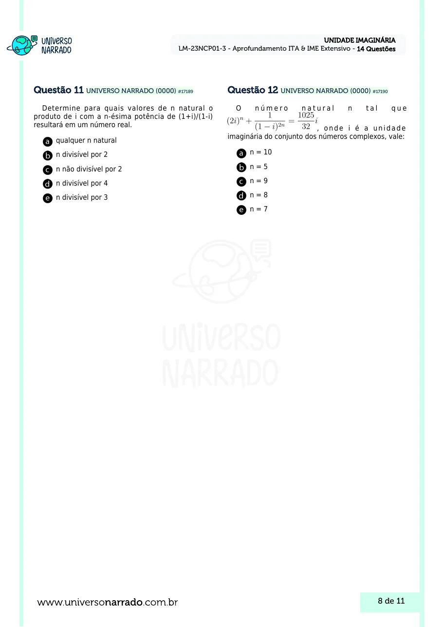 Página 8 da lista de Lições de Matemática, Unidade Imaginária (LM-23NCP01-3)