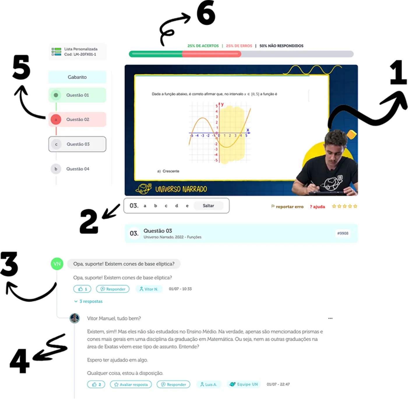 Resoluções, gabarito e suporte nas listas personalizadas