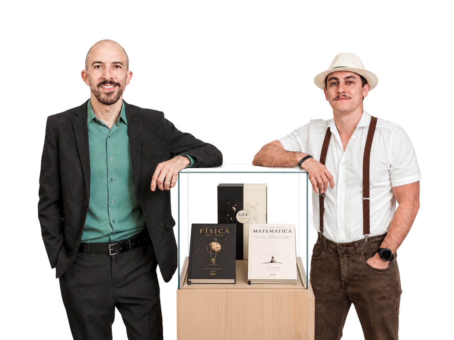 Prof. Engenheiro e Felipe Guisoli ao lado do box do Guia de Fórmulas Explicadas